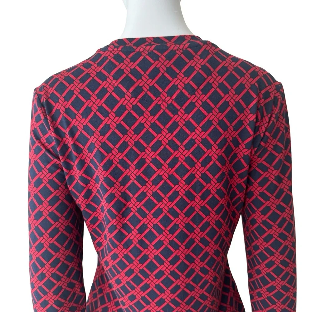 BROOKS BROTHERS Knit Top Long Sleeve Trellis Print Round Neck Red Navy Blue - Picture 6 of 12